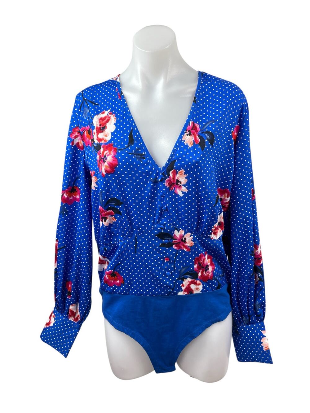 Influence Women's Blue Floral Polka Dots Long Sleeve Faux Wrap Bodysuit Top 12